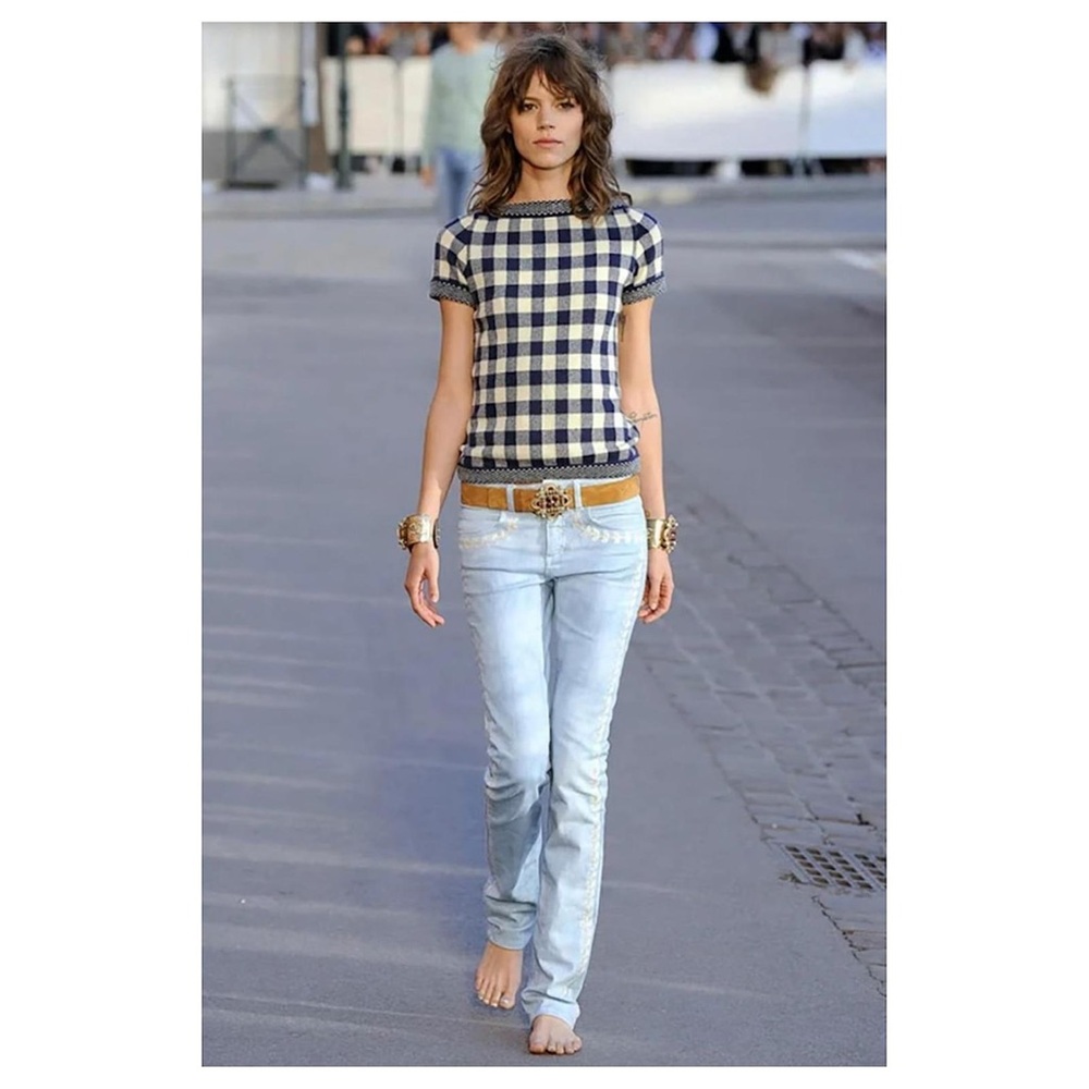 Chanel La Riviera Collection CC Logo Runway Embroidered Light Wash Cotton Jeans